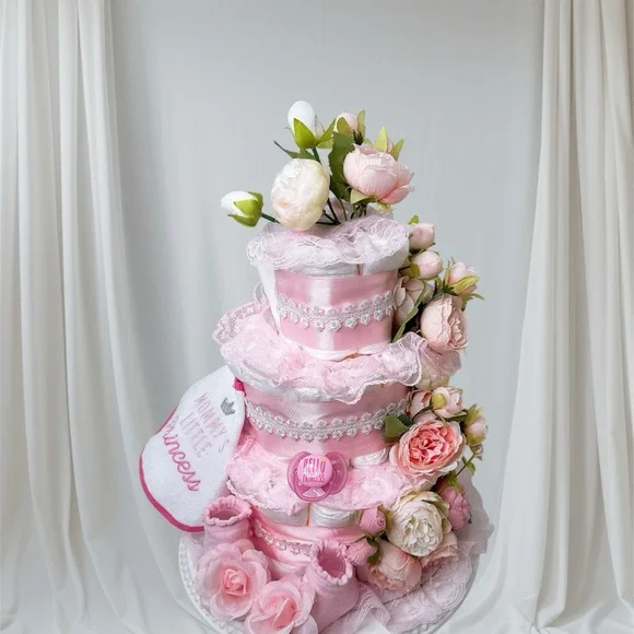 Pink Floral Diaper Cake, Peonies Diaper Cake